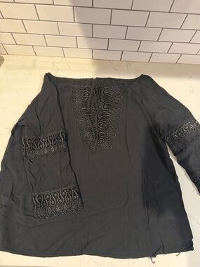 Black Lace-Trim Peasant Blouse - Off-Shoulder Tunic